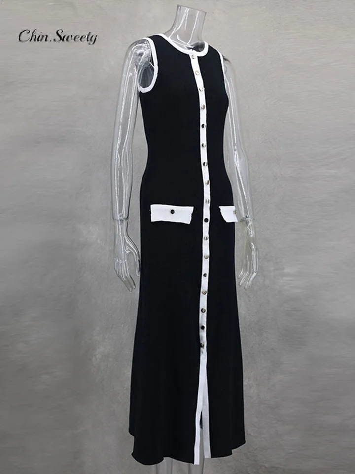 Fashionable Knitted Long Dress for Women Unique Comparison Sleeveless Single Chest ONeck Hip Set Womens Summer Robe 240809