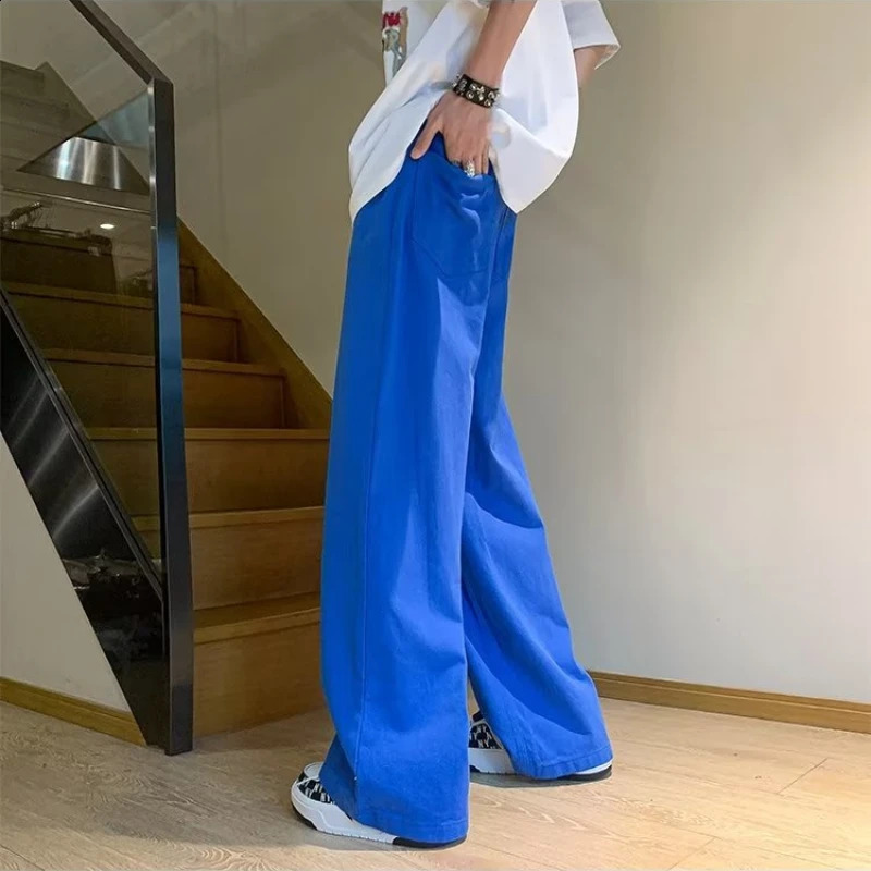 Pink Jeans Men Summer Vintage Simple Solid Color All-match Baggy Wide Leg Trouser Cozy High Street Harajuku Korean Style Clothes 240814