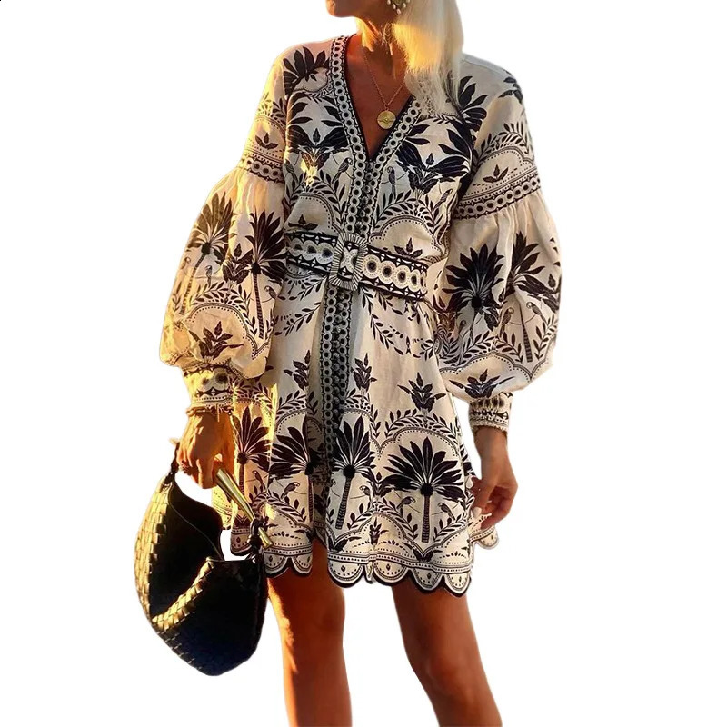 Bohemian Style Floral Print Dress For Women Summer Single Breasted V-neck Party Dress Spring Long Sleeve Holiday Mini Dress 240810