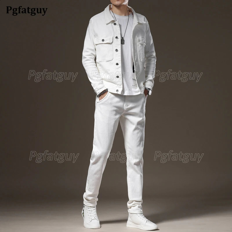Business and leisure 2piece mens pants set for spring simple white long sleeved denim jacket jeans fashionable ultrathin couple 240809