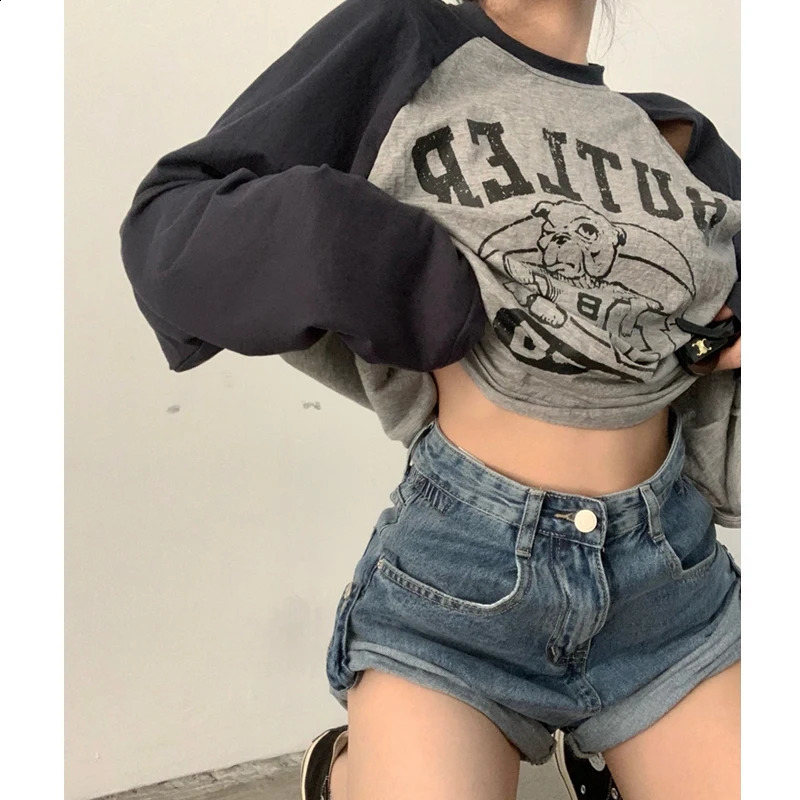Womens fashion retro letter printing patch work hollow oversized T-shirt casual street wear Y2K O-neck long sleeved top Ropa De Mujer 240826