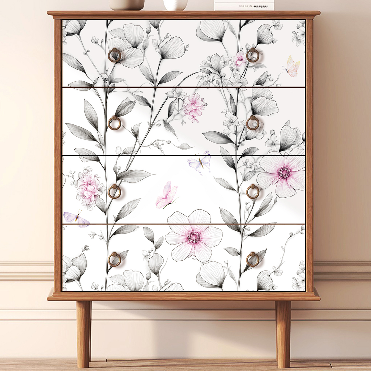 Cross border wallpaper green plants flowers butterfly patterns retro personalized sketches watercolor style waterproof and moisture-proof home decorat