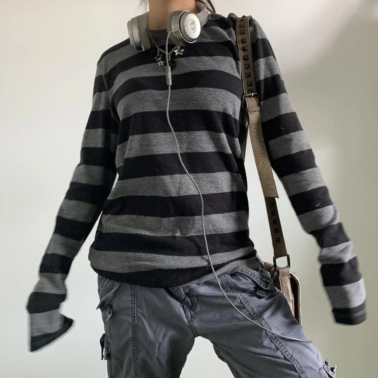 Women Basic T-Shirt Aesthetic Fairycore Spring Summer Casual Grey Black Striped Long Sleeve Round Neck Tops Club Streetwear Y2k 240810