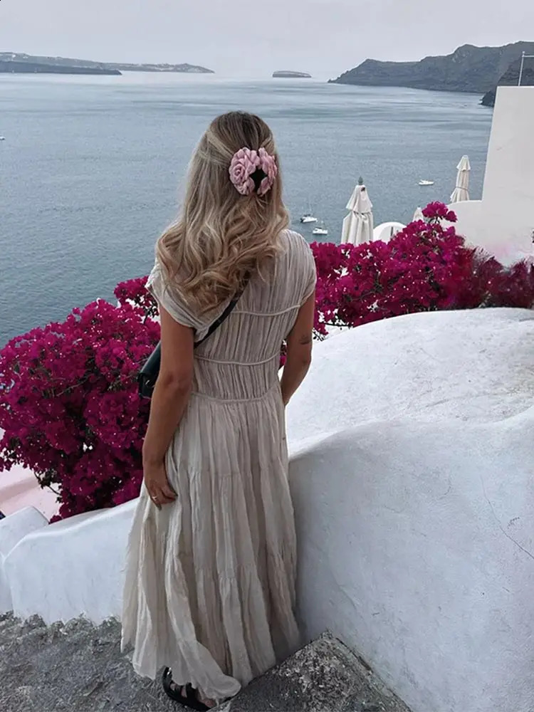 Elegant Solid Round Neck Patchwork Pleated Maxi Dress Chic High Waisted Short Sleeve A-line Hem Robes Summer Lady Casual Dresses 240822