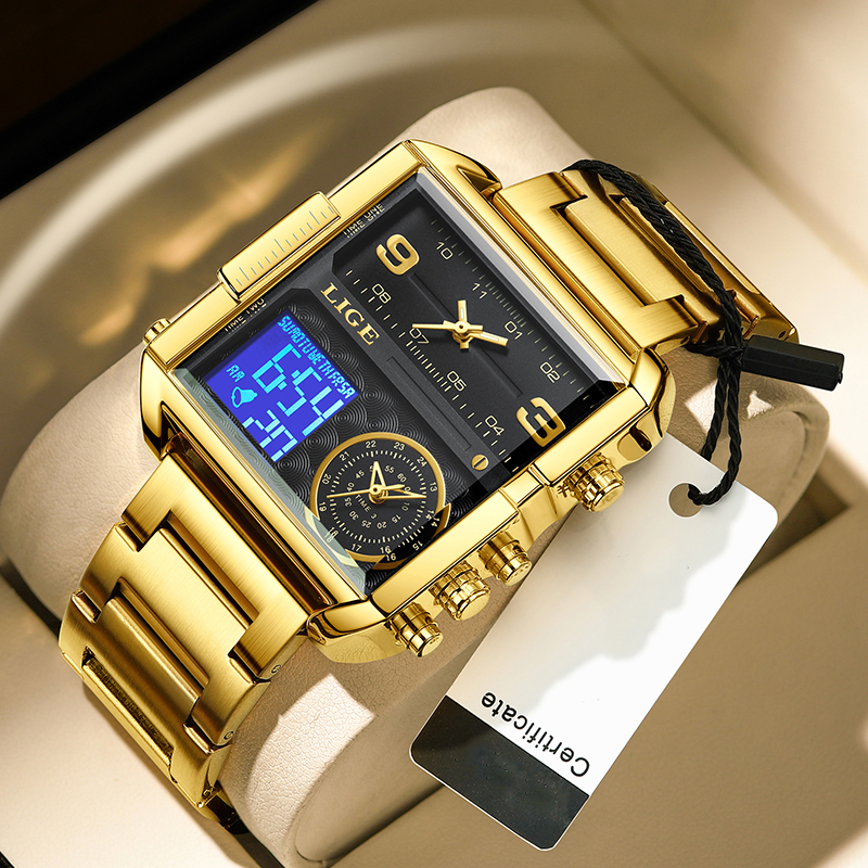 LIGE Men's Stainless Steel Strip Electronic Watch Multi functional Waterproof Alarm Clock Timing Code Sports Watch