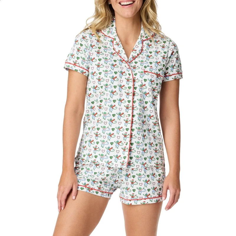 Kawaii Cartoon Print Lounge Pajama Sleepwear Women Short Sleeve Blouse Shirt Top Shorts Y2K Vintage Comfy 2 Piece Set Outfits 240810