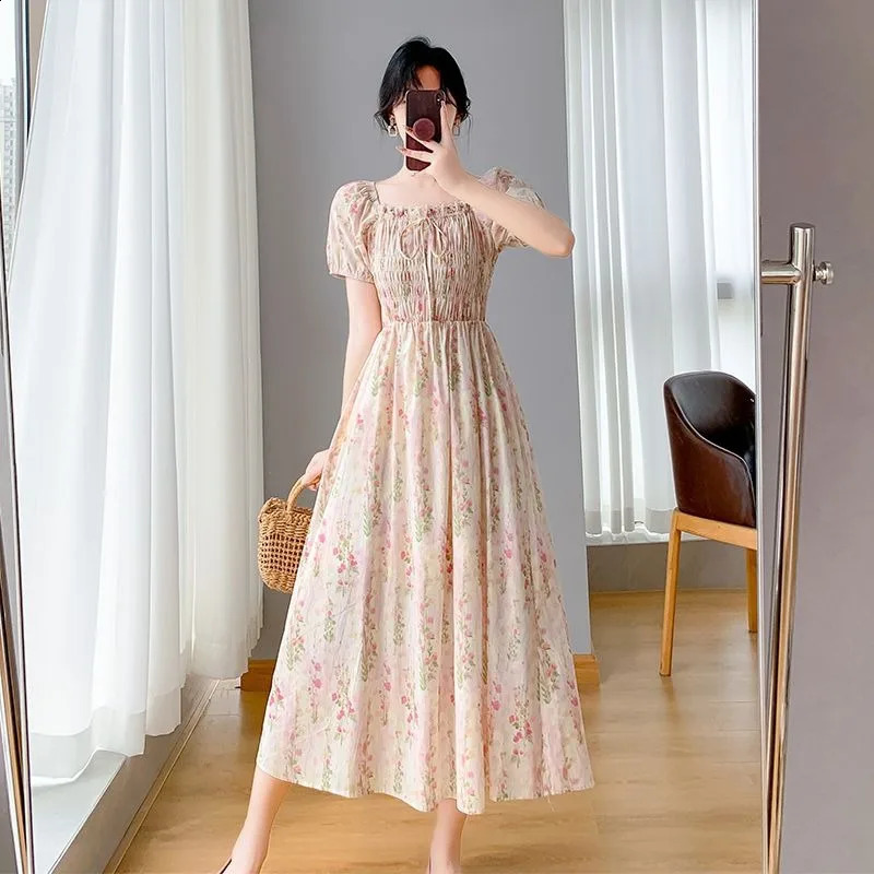 Puff Sleeve Square Neck Floral Print Maiden Prairie Chic Dresses Small Womens Tea Break French Tight Calf Length Long Skirt 240810