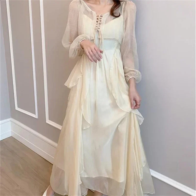 Summer Women Long Dress Suspender Ruffles Chiffon Fairy Dress White Apricot Korean Elegant Feminine Holiday Beach Party Dresses 240810