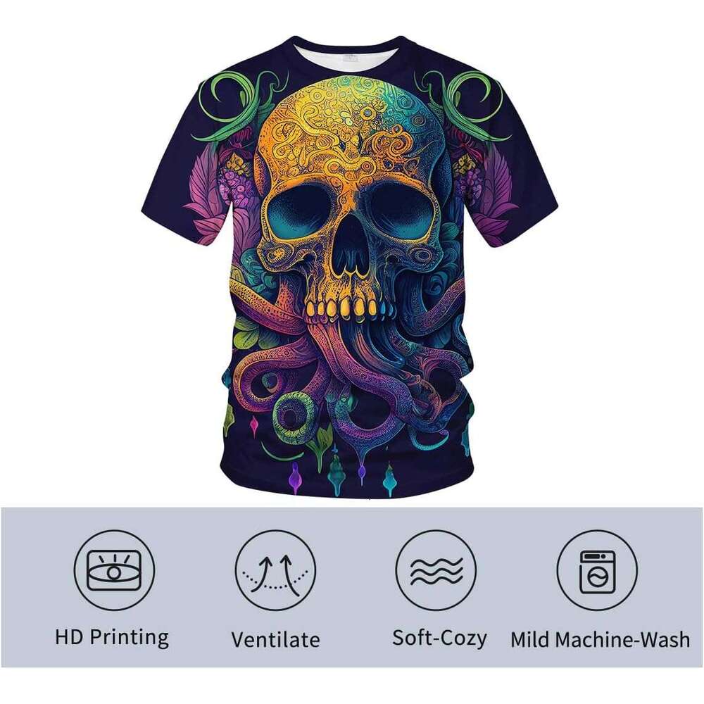 Mens T shirt Skull Octopus King Creature Tie Dyed Shirt Retro Sea Monster Halloween T-Shirt shirts tshirt graphic tee Casual tops summer clothes Short