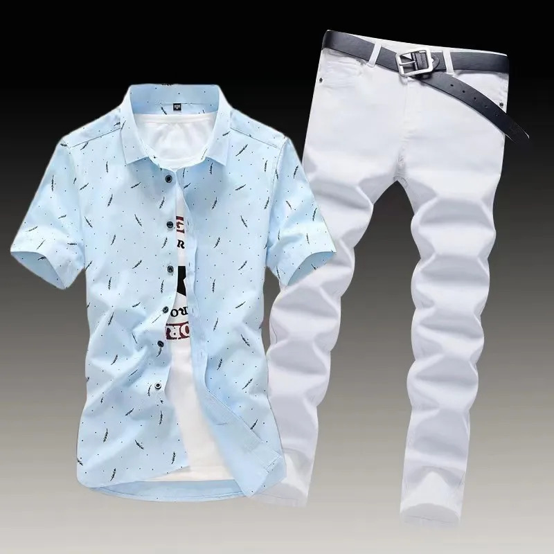 Mens full set of teenage trend casual suit mens slim fit short sleeved shirt mens jeans matching set240809