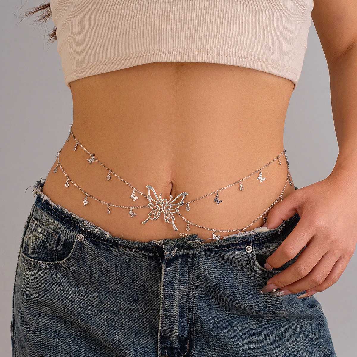 Ingemark Boho sexy hollow butterfly waist belly strap chain womens summer bikini crystal tassel pendant body jewelry gift W240809