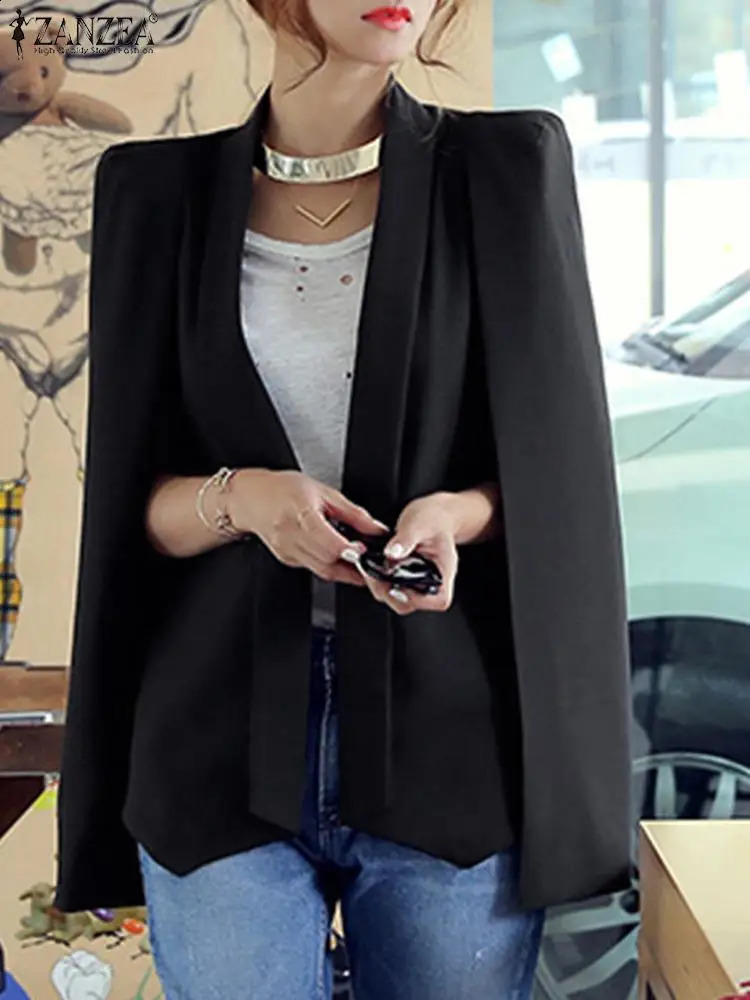 ZANZEA Women Lapel Cloak Blazer Fashion Split Sleeve Coat Autumn Office Solid Cape Casual OL Black Suit Jacket Workwear 240810