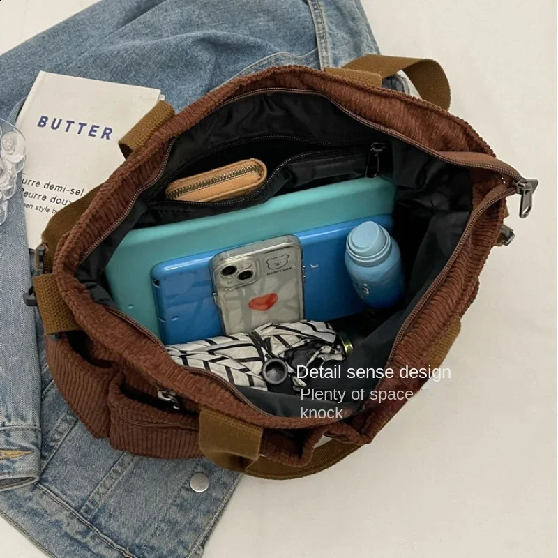 Corduroy large capacity womens shoulder bag classic Korean style elegant handbag travel multilayer thick cross body 240809Z
