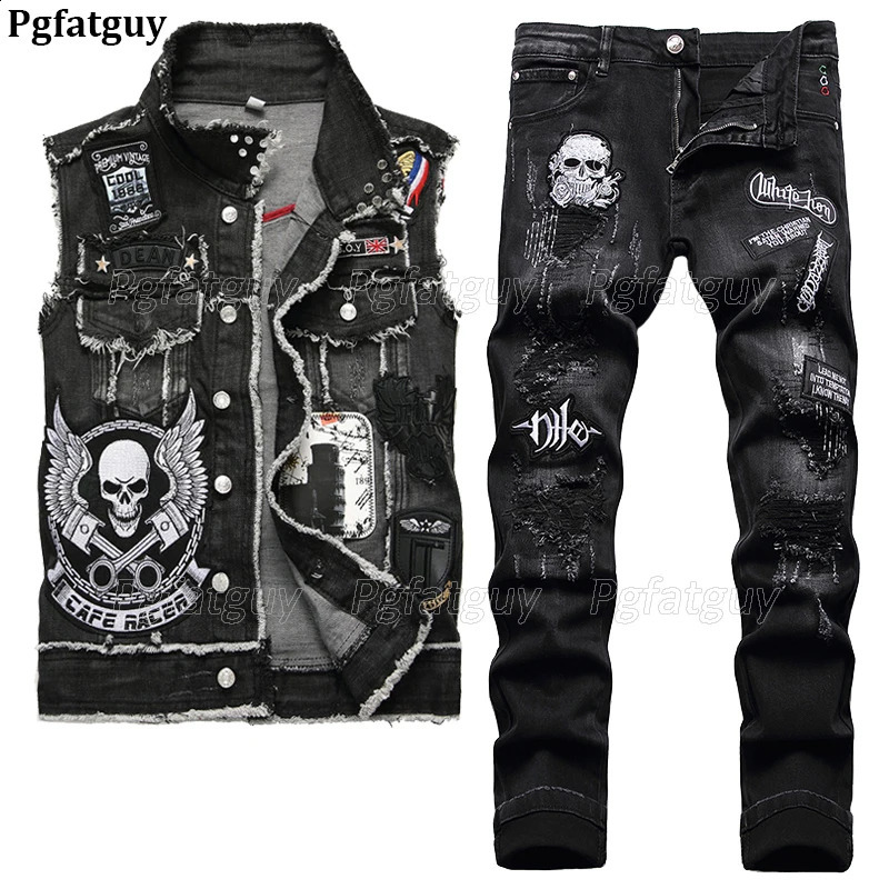 Black skull embroidery 2piece mens set fashion ultrathin denim vest and tear hole jeans casual 240809