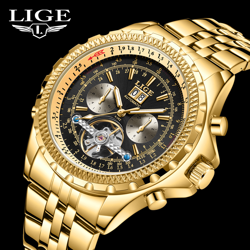 LIGE Youth fashion Mechanical Watch Men's waterproof watch Holiday Gift Luxury brand watch Multi-functional mechanical watch Calendar week