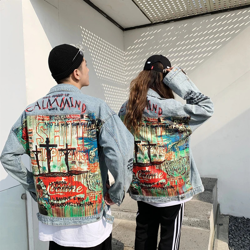 ABOORUN Mens Hip Hop Denim Jackets Fashion Graffiti Printed Denim Jackets Streetwear Oversize Coat for Male R1200 240810