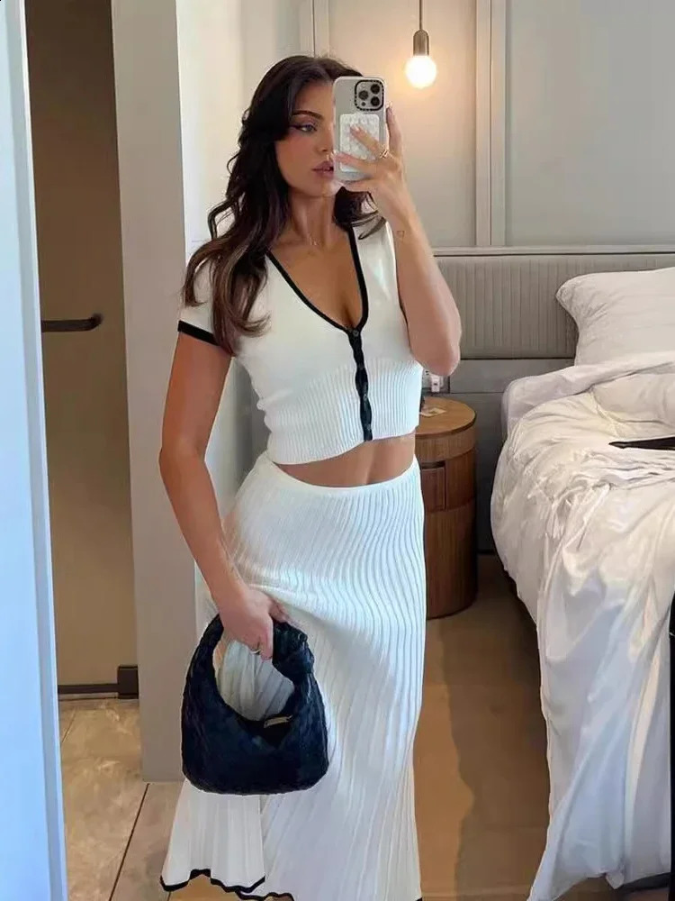 Fashion Knitted Patchwork Long Skirt Sets Women V-neck Short Sleeve Tops High Waist Midi Skirts 2 Pieces Sets Summer Chic Suits 240810