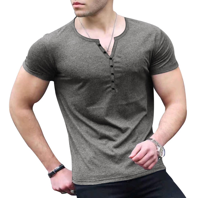 24ss Mens Summer New Mens Henley Shirt Solid Color Button Mens Short Sleeve T-shirt