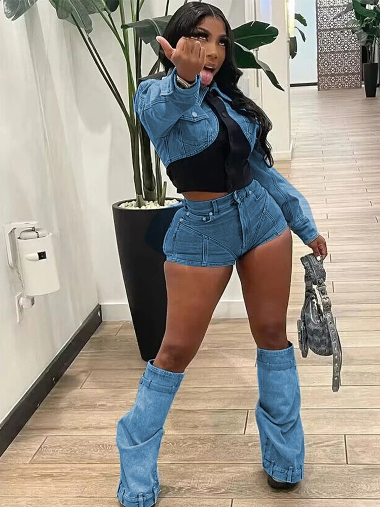 Sets for Women 2 Pieces Autumn Stretchy Denim Set Long Sleeve Top and Shorts Sexy Y2k Outfits Set Bulk Wholesale 240810