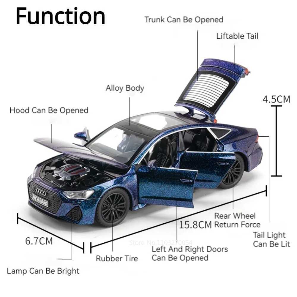 1/32 RS7 Alloy Diecast Toys Car Model Vehicles Metal Body Rubber Tires 6 Door Opened Sound Light Pull Back Toy Car Kid Gifts Y240809