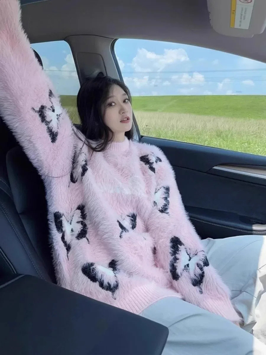 Women Pink Gothic Mohair Pullover Knitted Sweater Harajuku Y2k Long Sleeves Sweater Jumper Vintage 2000s Aesthetic Clothes 240812