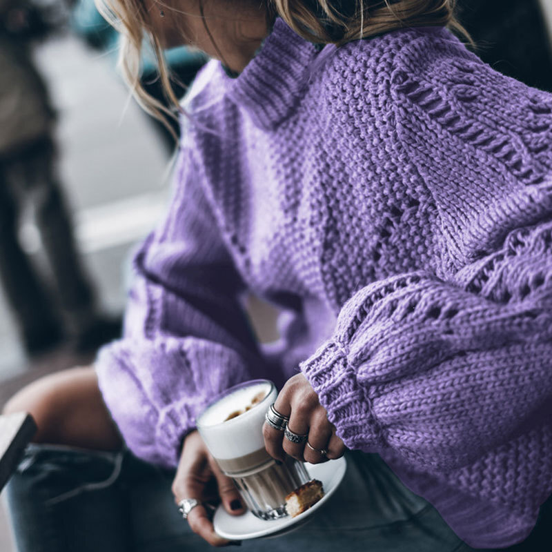 Autumn and Winter New Fashion Thick Thread Solid Round Neck Pullover Long Sleeve Hollow Hole Sweater