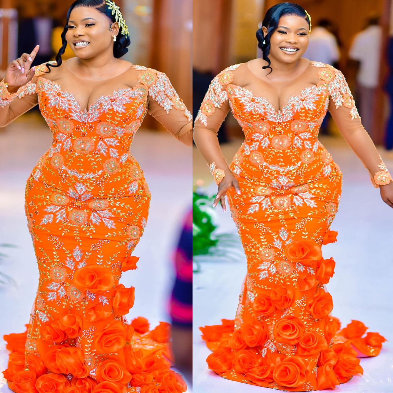 2024 Plus Size Orange Mermaid Prom Dress Lacefull Promdress Beaded wers Evening Formal Party Second Reception Birthday Engagement Gowns Dresses ZJ660