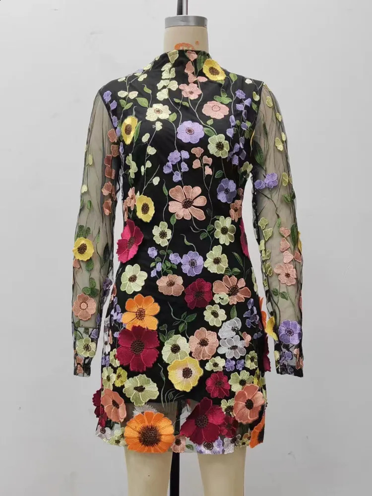 Eshin Floral Dress Women Autumn Embroidery 3D Flowers Long Sleeve Evening Party Lady Mini Dresses Half High Collar TH7796 240810