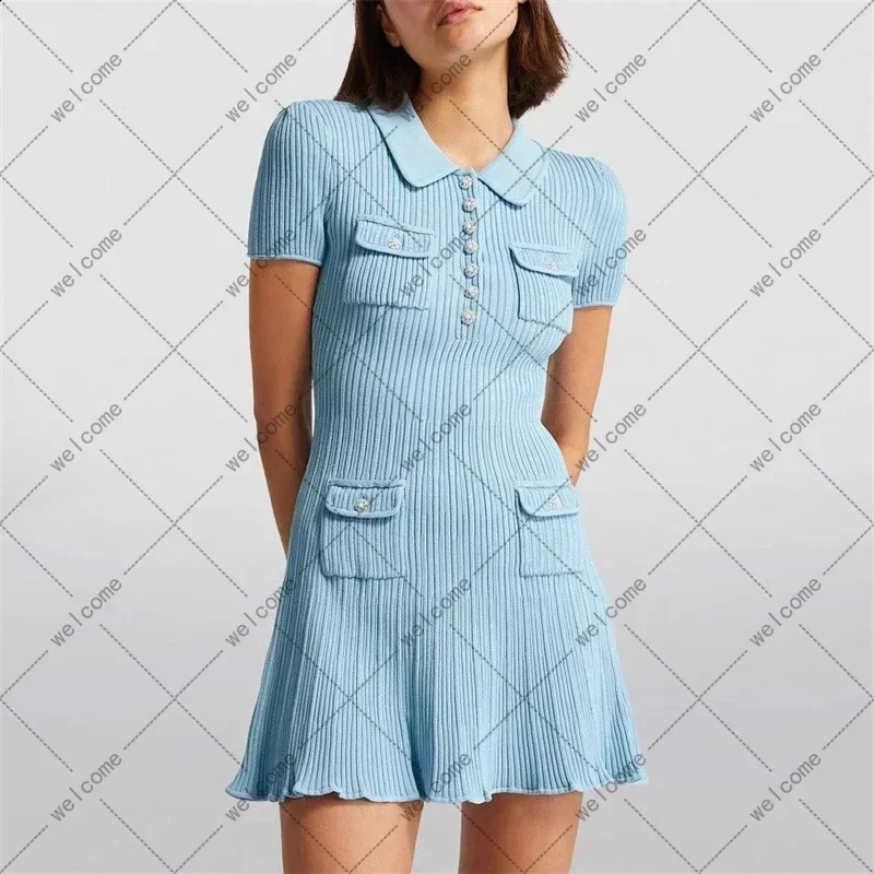 Spring Summer Polo Neck Short Sleeve Knitted Dress Y2K Fashion Elastic Slim Fit Multi Pocket Wrapped Hip Skirt 240810