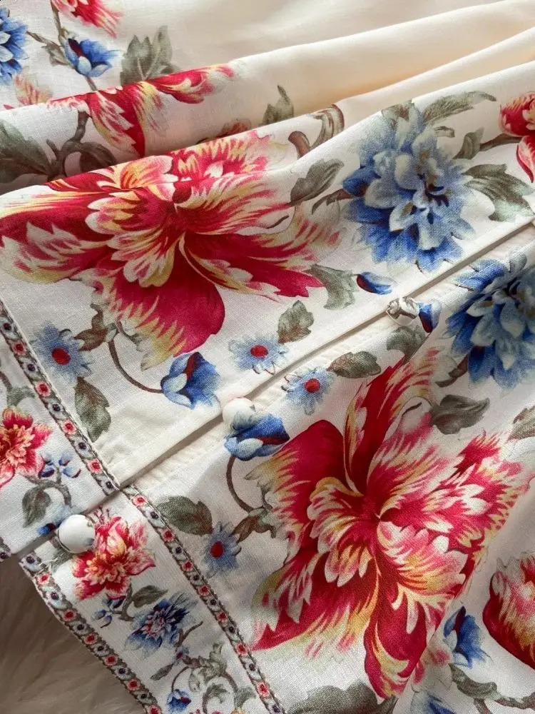 Autumn Floral Short Cotton Linen Dress Women V Neck Long Lantern Sleeve Single Breasted Belt Beach Mini Print Vestidos 240810