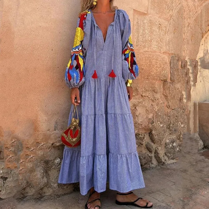Elegant V Neck Lantern Sleeved Party Dress Casual Lace-up Tassel Boho Dresses Vintage Pattern Printed Women Dress 240810