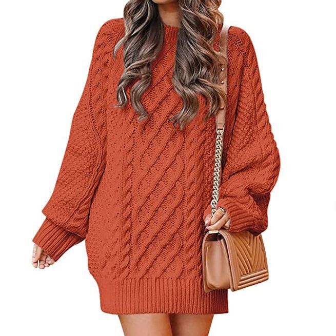 Women's round neck long sleeved large silhouette twisted flower knitted thick needle pullover, medium length warm sweater, women's dress don
