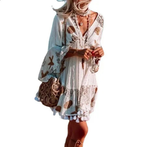 Women starfish flower print long sleeve v-neck beach Bohemian dress tassel mini Boho dress vestidos 240810