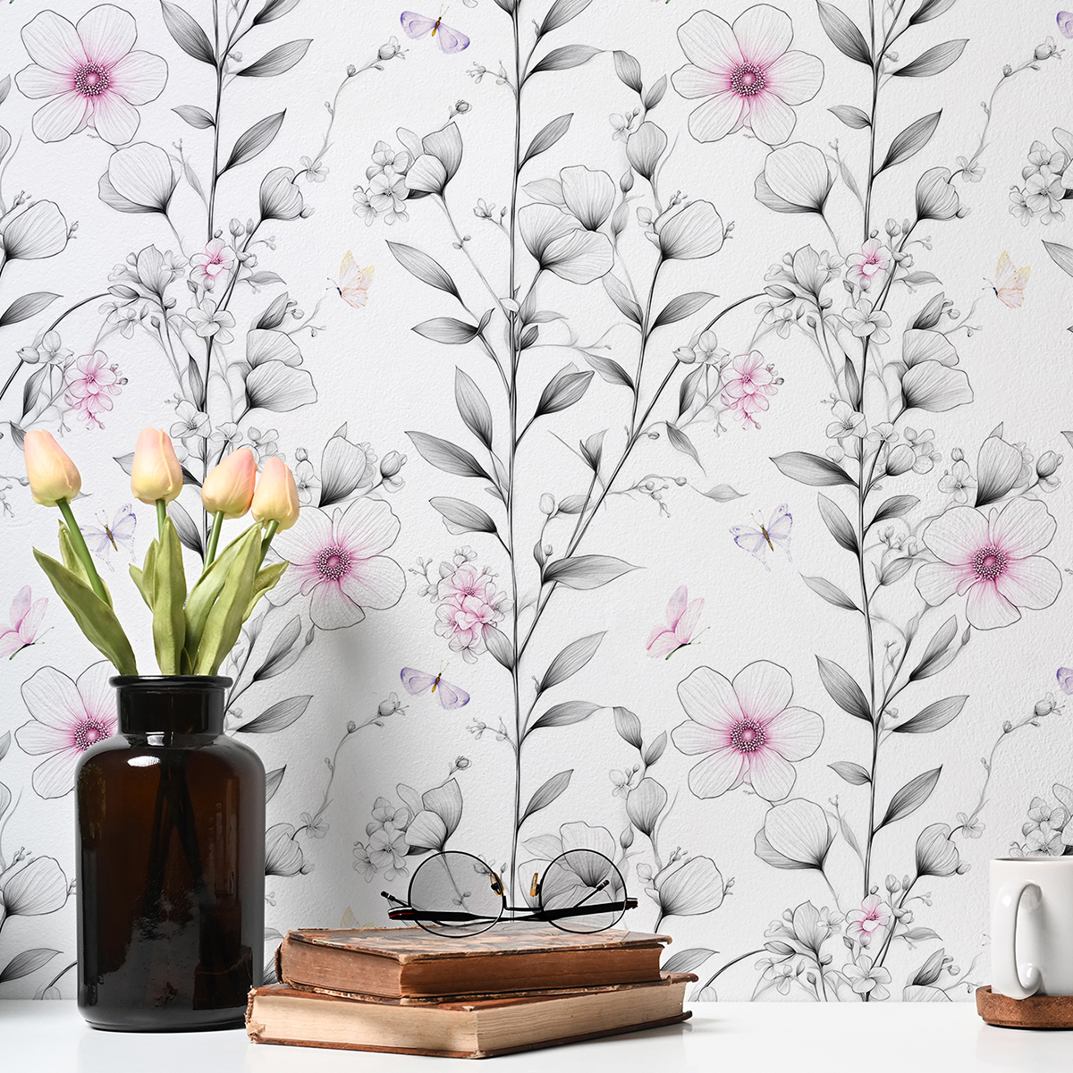 Cross border wallpaper green plants flowers butterfly patterns retro personalized sketches watercolor style waterproof and moisture-proof home decorat