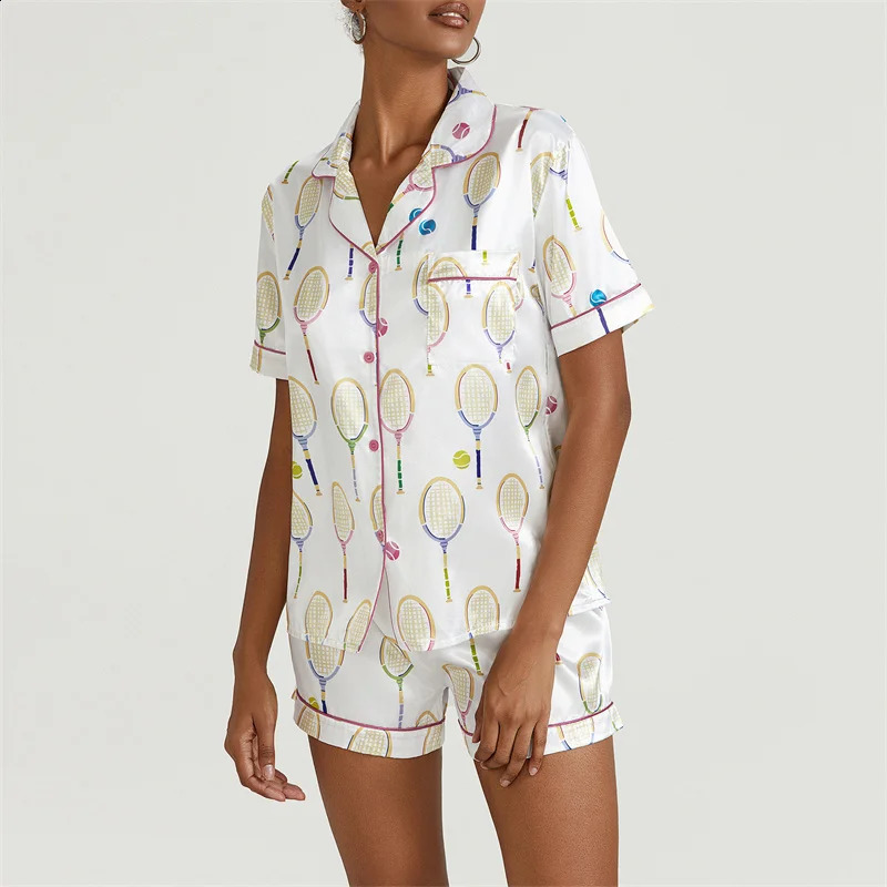 Print Y2k Silk Pajamas for Women Satin Cozy 2 Piece Printed Preppy Pjs Shorts Set Matching Pj Aesthetic Pajamas Shirts Sets 240810