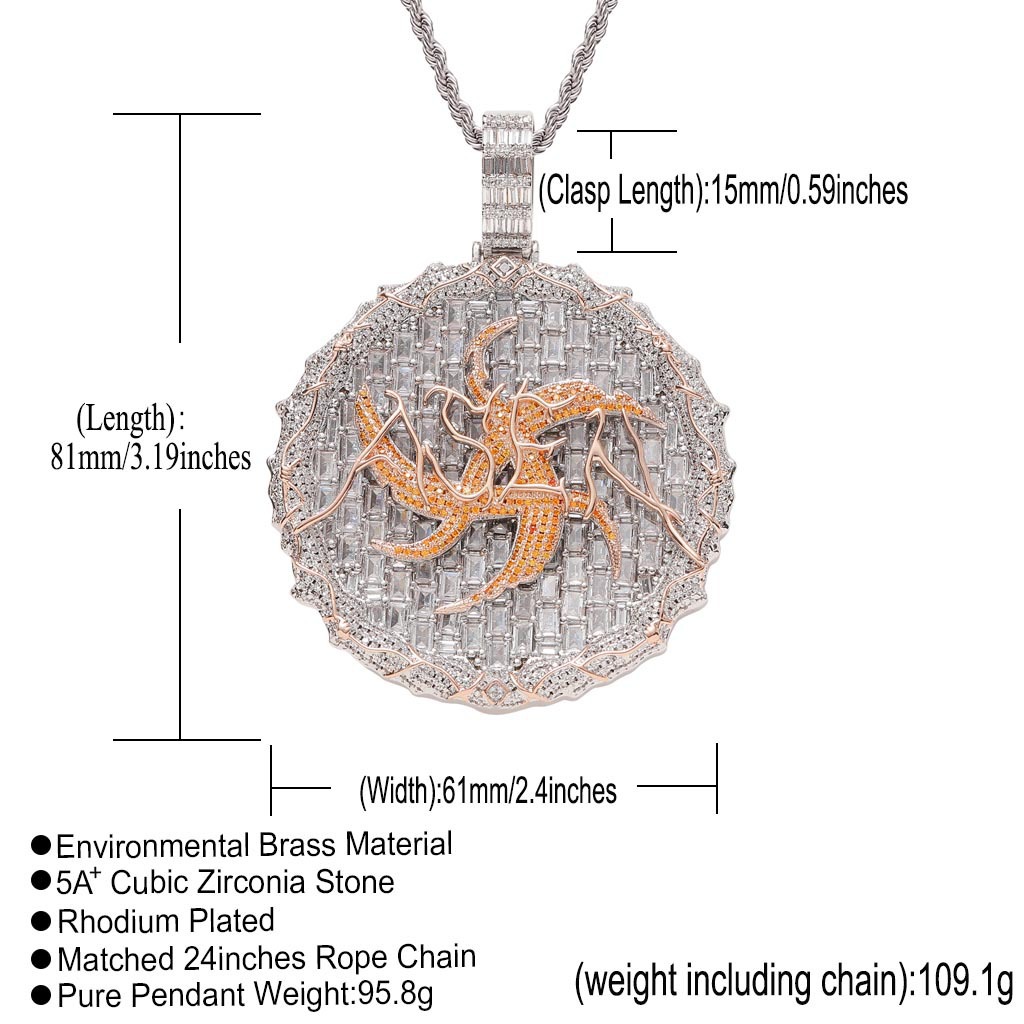 Hip Hop Round Thorns Pendant Necklace Full T CZ Diamonds Real Gold Plated Mens Jewelry