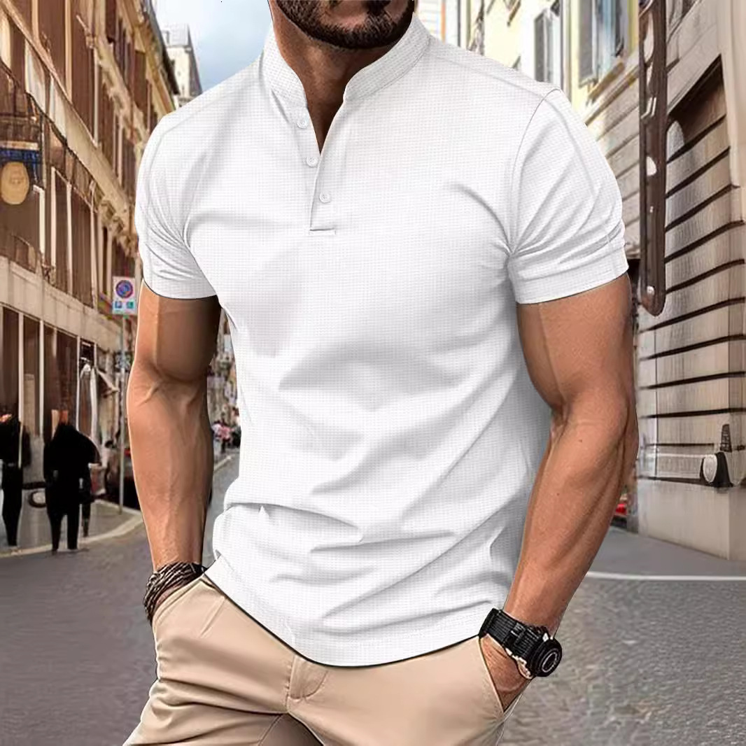Mens Short Sleeved Stand Up Collar Waffle Henry Collar Casual Short Sleeved Polo Shirt