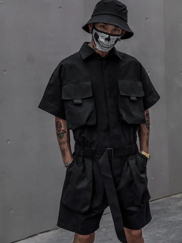 Houzhou Techwear mens short sleeved jumpsuit black bodysuit covering mens green mens Japanese streetwear summer pocket hip-hop240809 - view 5