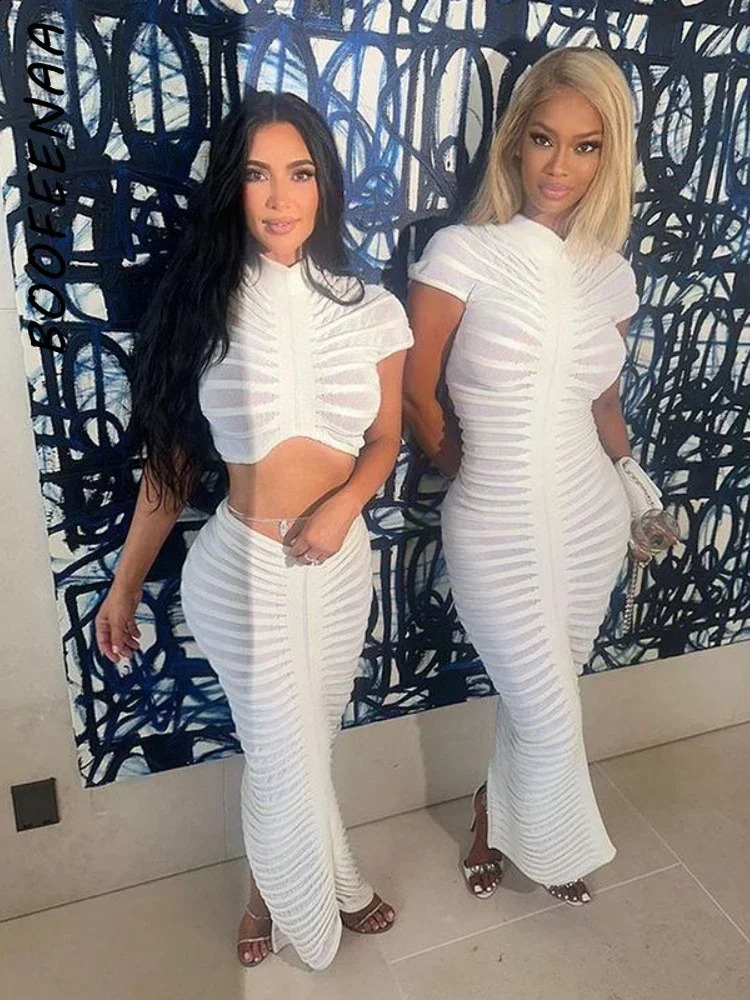 BOOFEENAA Knitted White Sweater Dress Womens Elegant Autumn Winter Short Sleeve Bodycon Long Dresses Celebrity C83-EZ36 240809