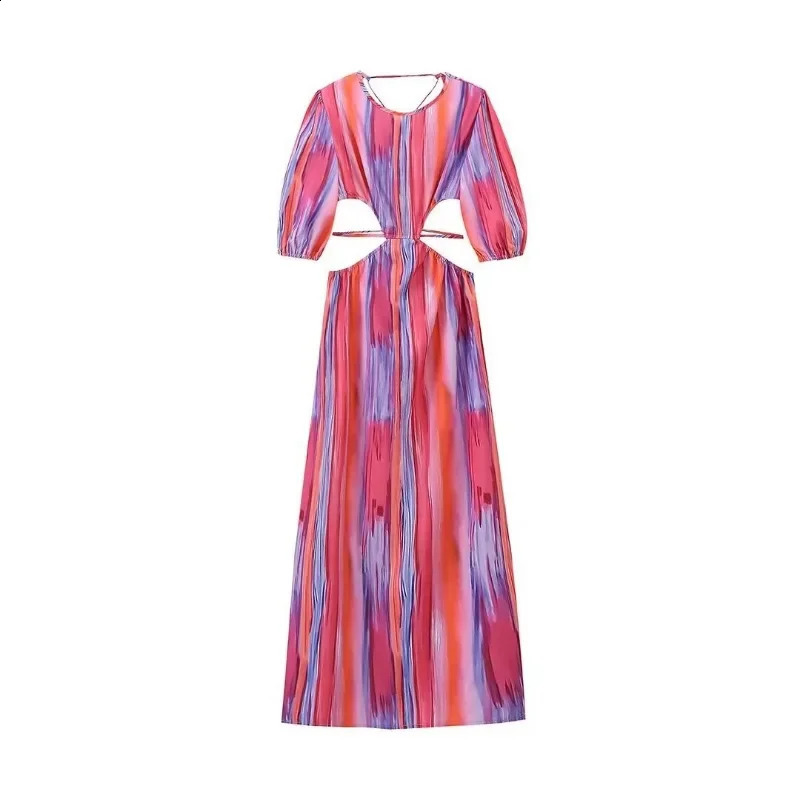 Elegant Backless Tie Dye Maxi Dresses for Women Round Necked Half Sleeve Hollow Out Long Dress Summer Chic Beach Female Vestidos 240810