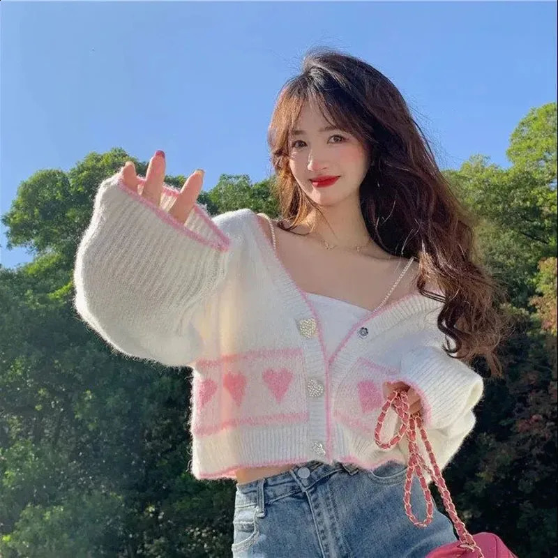 MEXZT Sweet Knitted Cardigan Women Korean Fashion Heart Button V Neck Print Sweater Coat Y2K Cute Loose Long Sleeve Crop Top 240809