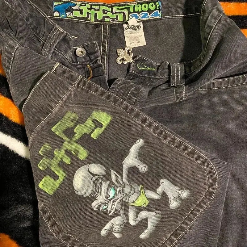 The latest JNCO Alien print jeans for summer 2024 American retro Harajuku loose casual black and green y2k JNCO jeans wide leg jeans240809