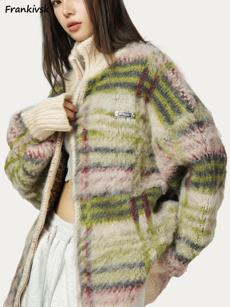 Plaid Cardigan Women Autumn Contrast Color Baggy Retro sweet American Style Daily Trendy Slouchy Blocking Couple 240809