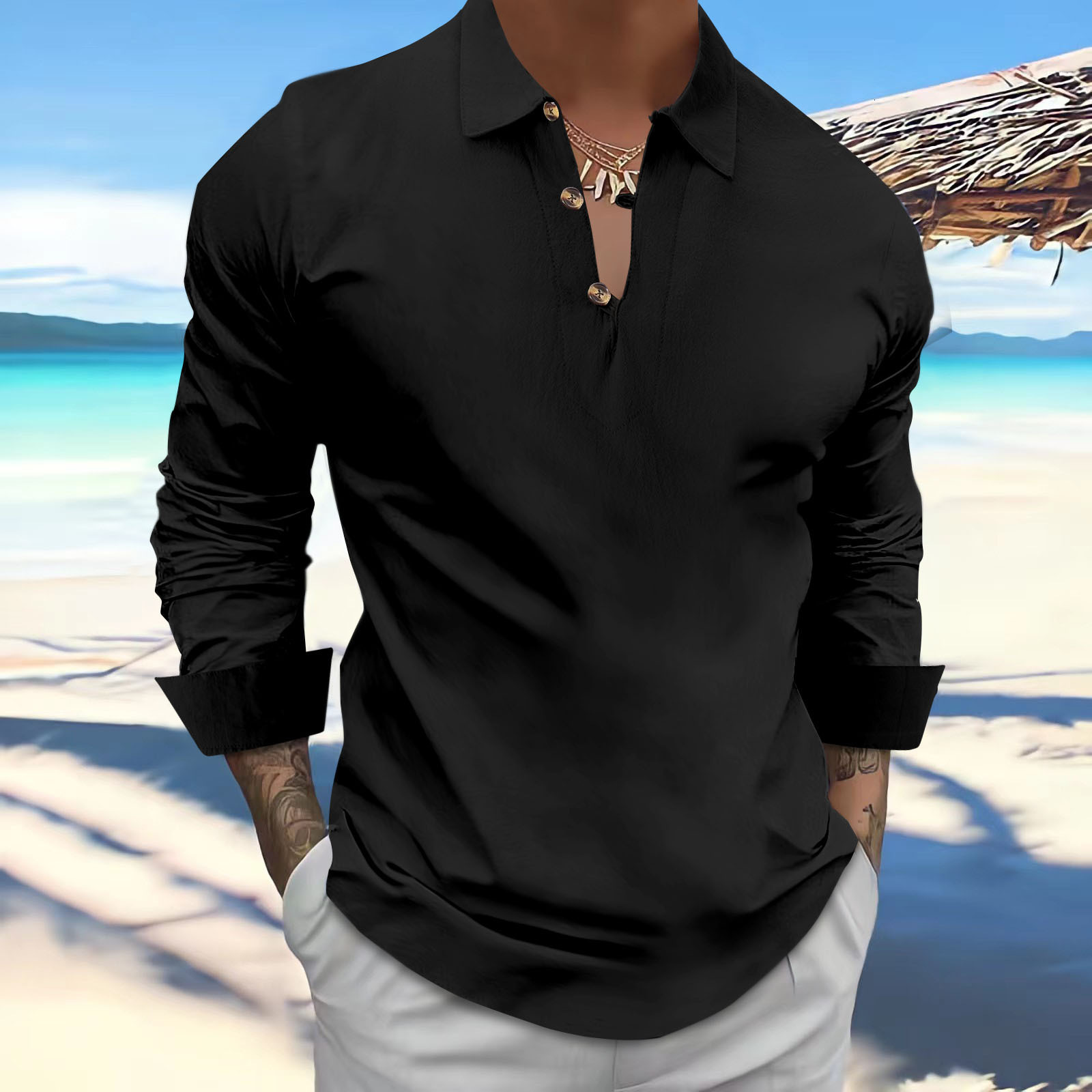 Spring and Summer Mens Long Sleeved Cotton and Linen Lapel Button Casual Polo Shirt