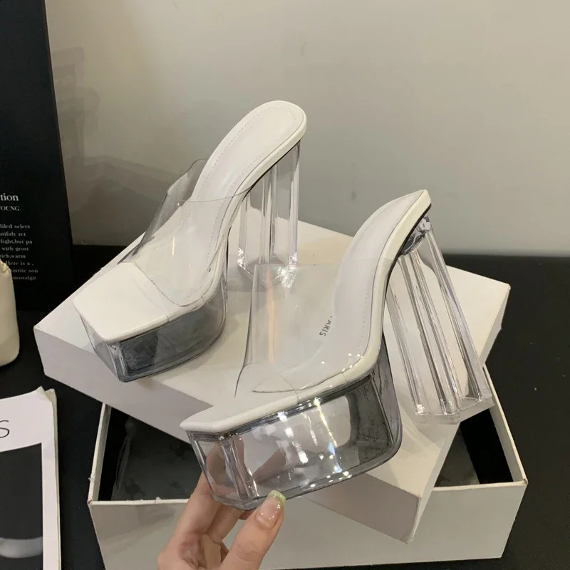 Eilyken Street Style PVC Transparent Slippers Women Chunky Platform Square Toe Crystal High Heels Banquet Slides Shoes 240809