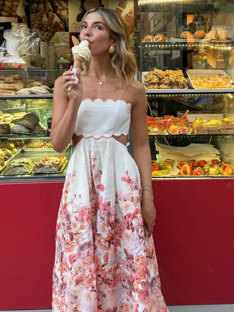 Elegant Print Hollow Out Sling Long Dress Women Sexy Sleeveless Backless Bandage Female Dresses Summer Lady Holiday Robes 240810