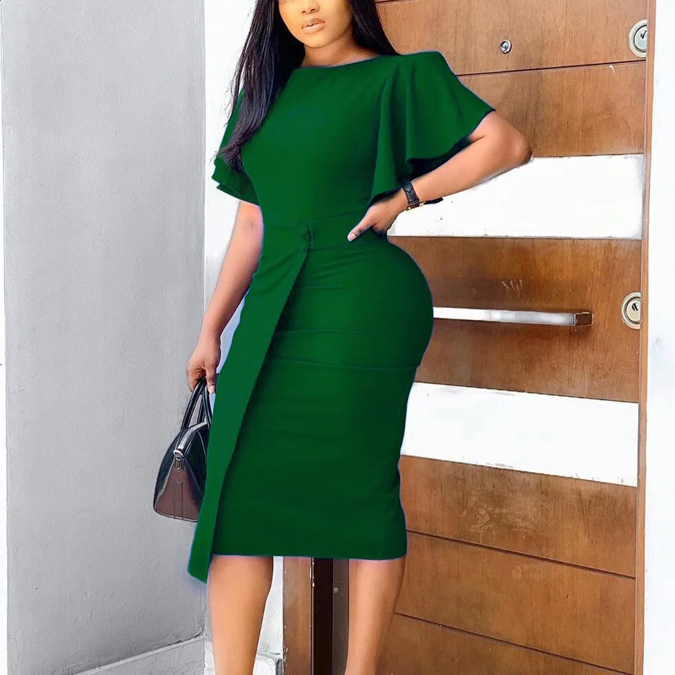 Elegant Office Dress For Women Professional O Neck Ruffles Sleeve Buttons Sheath Mid Calf Formal Business Work Wear Dress Midi 240809