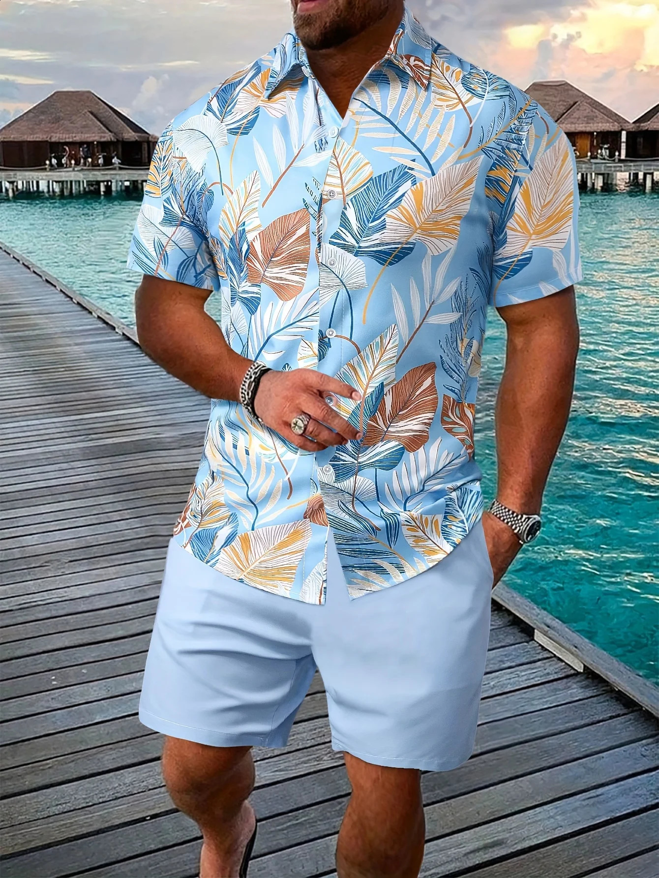 Hawaiian Style Mens Short Sleeved Shirt And Beach Shorts Set Summer Fashion Mens Casual Shirt Mens Shirt Set 240810
