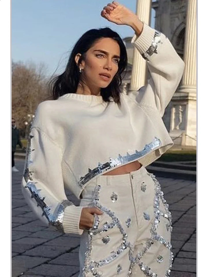 Womens Solid Color Sequined Knitted Sweater Fashionable Sequined Short Casual Retro Pullover Sequined Knitted Womens Pants 240809