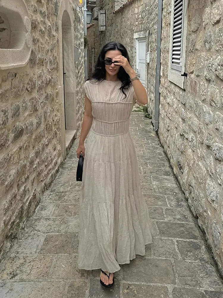 Elegant Solid Round Neck Patchwork Pleated Maxi Dress Chic High Waisted Short Sleeve A-line Hem Robes Summer Lady Casual Dresses 240822